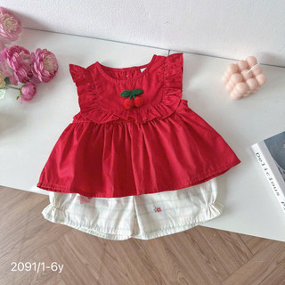Set Bộ Áo Đỏ Đính Cherry Sát Nách Cho Bé Gái Chất Thô Lụa 8-26kg