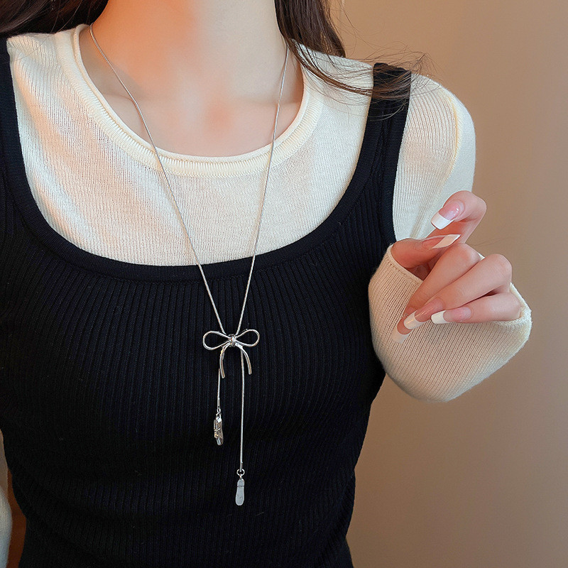 Màu Bạc Nơ & Giày Ba Lê Vòng Cổ Lariat Cho Nữ, Balletcore Dainty Tối Giản Có Thể Điều Chỉnh Tua Rua Trang Sức