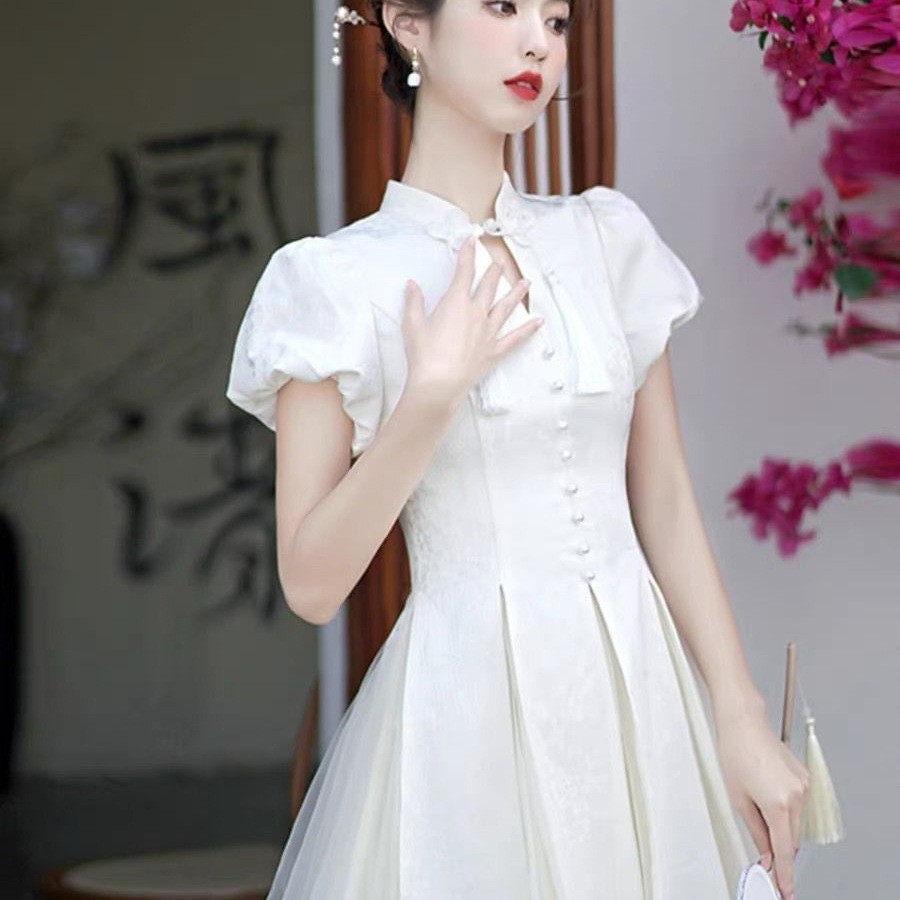Váy sườn xám ngắn tay hiện đại phong cách Trung Quốc mới dành cho nữ, váy bồng bềnh kiểu tiên nữ thanh lịch ôm dáng