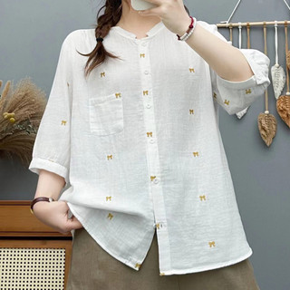 Hàng sẵn có] Áo sơ mi nữ 100% Cotton chất lượng cao Áo sơ mi thêu văn học Nơ tay ngắn tay trung bình Xanh đại học mùa hè hàng đầu