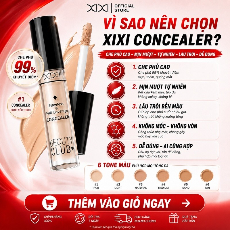 XIXI WM012 Kem Che Khuyết Điểm Dạng Lỏng, Che Quầng Thâm Mụn, Lâu Trôi, Mịn Nhẹ, Tự Nhiên