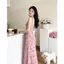 Váy yếm in hoa hồng hồng, giảm béo và thanh lịch, có eo ố dành cho nữ