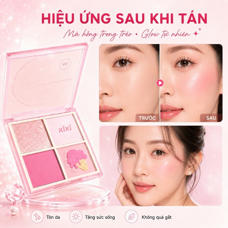 XIXI D511 Bảng Má Hồng 4 Ô Bắt Sáng Tự Nhiên Tạo Hiệu Ứng Hồng Hào