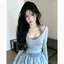 Pure Desire Phong Cách Tương Phản Màu Sắc Dây Cổ Dài Tay Mùa Xuân Phong Cách Mới Slim-fit Ôm Hơn Nhìn Đẹp Top + Váy Nụ Hoa Bốn Mảnh