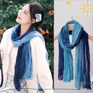 Khăn choàng chuyển màu NICOLOO, Khăn choàng xếp li dài đa năng cổ điển, Khăn trùm đầu nhẹ phong cách Wasteland thoáng khí cho mùa thu đông