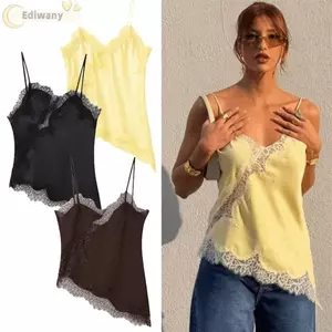 Áo chắp vá ren EDIWANY, Áo không lưng ren bất đối xứng, Áo ren sang trọng không tay gợi cảm Áo hai dây thanh lịch Trang phục mùa hè