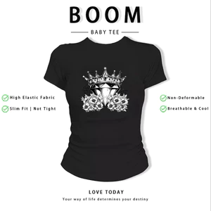 BOOM Áo Baby Tee Nữ Cotton Ôm Body-Áo Thun Ngắn Tay Y2K In Hình PhongCách Mùa Hè, Cổ Tròn Hàng Đầucách hàn quốc phong298