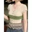 Áo sơ mi dệt kim ngắn tay sọc màu tương phản phong cách Hàn Quốc mùa hè Phong cách mới Fungus Edge Color-Blocking Top