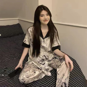 Phụ Nữ Pyjama Trung Quốc Mực Rửa In Hình Quần Dài Tay Trang Phục Thanh Lịch Trong Nhà Hàng Ngày Còn Lại Trong Mùa Ấm Áp
