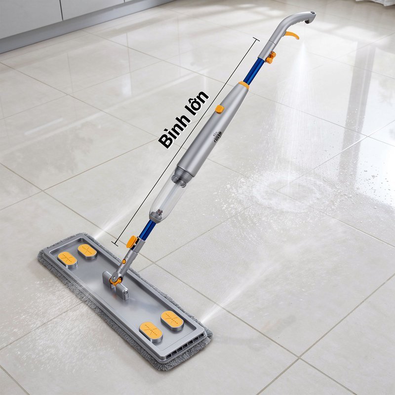 cây lau nhà phun sương tự vắt đa năng lau khô ướt đầu xoay kèm khăn lau sợi mịn cán dài