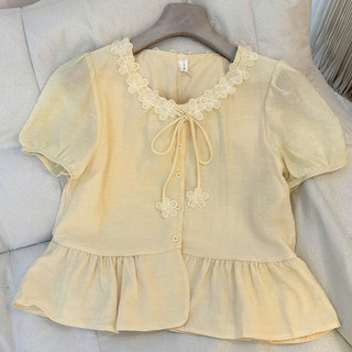 Áo Kiểu Nữ Tay Ngắn Cổ Hoa 3D Phong Cách Pháp Dáng Babydoll Viền Bèo Nhún Thanh Lịch Mùa Hè 2026 Hot Trend