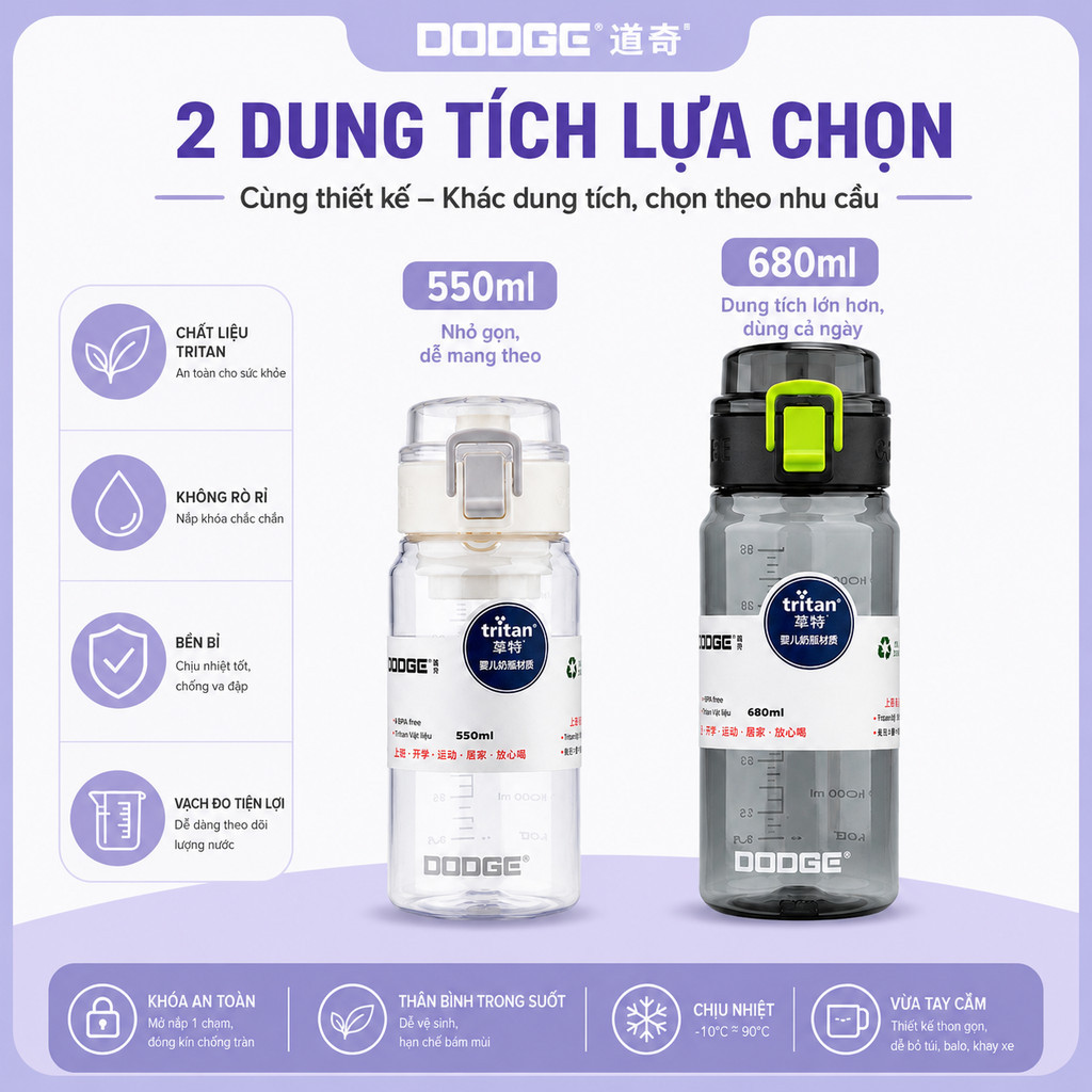 【🔥】Bình nước Tritan 550/680ml (Không BPA): Nắp 1 chạm chống rò rỉ, quai xách! Hợp đi học/làm việc