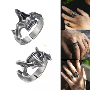 Flgo Vintage Gothic Đầu Lâu Nhẫn Nam Độc Đáo Goth Đầu Lâu Nhẫn Bạc Đen Retro Punk Thời Trang Nhẫn Tuyên Bố