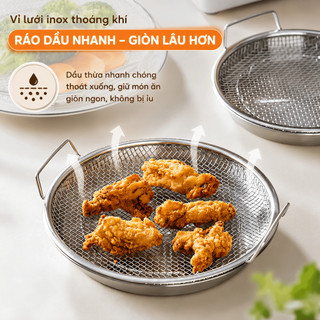 COMBO Khay Inox Kèm Vỉ Lưới Lọc Dầu Cao Cấp Có Tay Cầm- Khay Ráo Dầu Chiên Rán, Đựng Thực Phẩm, Dùng Cho Nồi Chiên