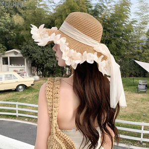 Mũ Rơm YUJINI, Mũ Che Nắng Viền Cánh Hoa Rộng, Ngọt Ngào Với Nơ Lưới Mũ Đi Biển Thoáng Khí Để Chống Nắng Mùa Hè