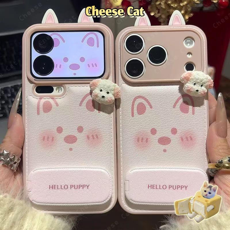 Gương Đứng Dễ Thương Tai Cún Con Màu Hồng Da Ốp Lưng Điện Thoại iPhone 17 11 12 13 14 15 Plus Xs Max XR 7Plus 16 Pro Max