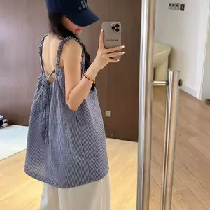 Mùa hè Loose Backless Ren xếp ly Ren kẻ sọc nhỏ dáng rộng dáng rộng hơn Áo yếm