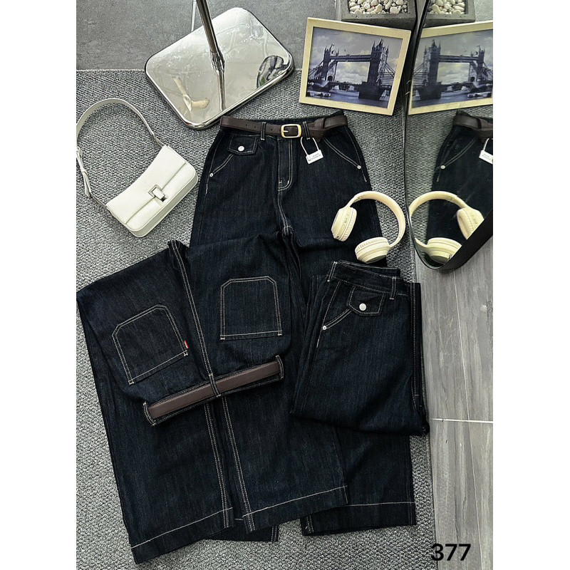 Quần Ống Suông Rộng Jeans Nữ Túi Kiểu Bigsize 55-90kg Hàng QC, Quần Dài Màu Xanh Than MS377