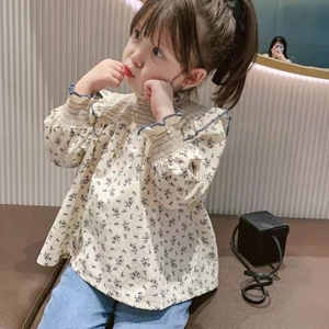✿ Bé Gái Horean Hải Quân Hoa Ruffle Ruffle Áo Dài Tay Đứng Cổ Vintage Trẻ Em Mùa Hè Top