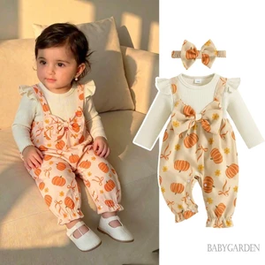Bé Gái Halloween Giả Bí Ngô Nơ In Hoa Nơ Dài Tay Áo Liền Quần Và Nơ Băng Đô