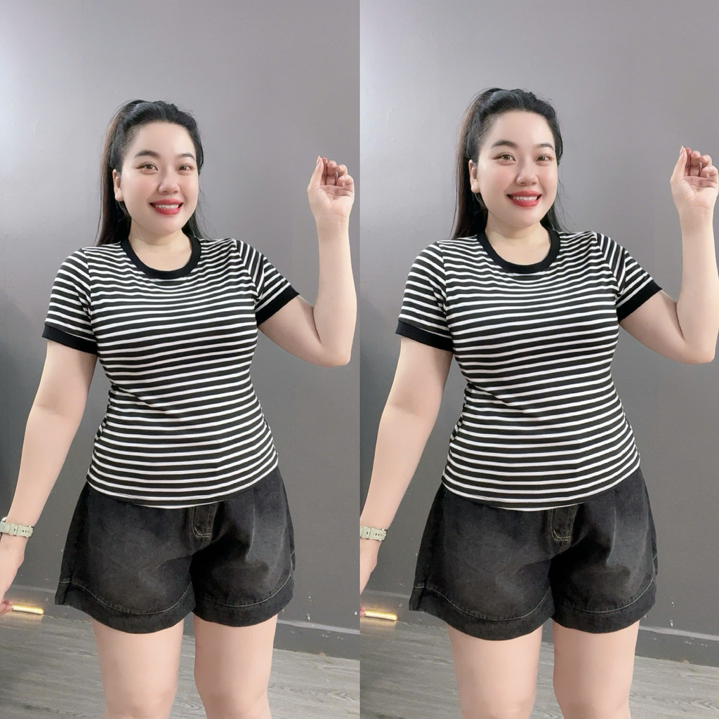 Áo Thun Bigsize Nữ Kẻ Ngang BIGSIZE CÔ NHỎ Tay Ngắn –  Co Giãn Thoải Mái Cho Nàng Tự Tin A285