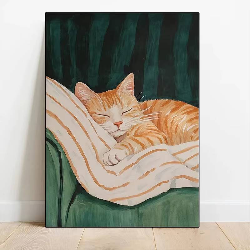 Mèo ngủ màu xanh đậm mèo con áp phích và in vải canvas phòng khách tối giản bức tranh tường trang trí nhà quà tặng