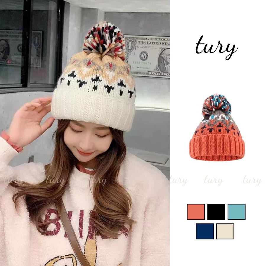 Nón Len Giữ Ấm Unisex Nam Nữ - Tury - Mũ Len Retro phối màu đính lông bông Thời Trang Thu Đông Ấm Áp - NL039