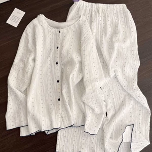 Bộ đồ ngủ hoa ren sọc nữ, quần dài tay, style Nhật Bản phù hợp xuân thu