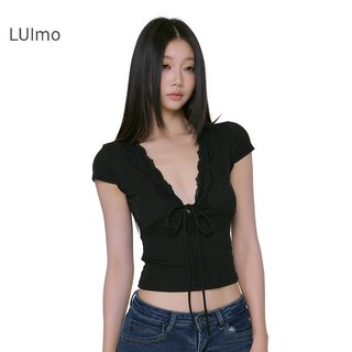 LUImo Áo Thun Nữ Cổ Chữ V Thẳng Vai, Form Ngắn Gọn, Phù Hợp Mùa Hè