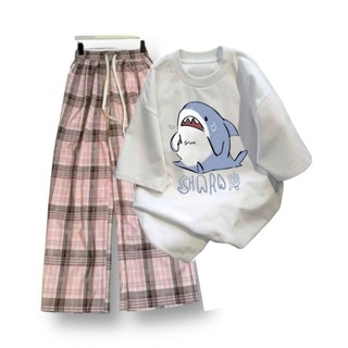 Sét đồ quần ống rộng quần kẻ caro hồng+ kết hợp áo phông form rộng unisex thời thượng cá mập-