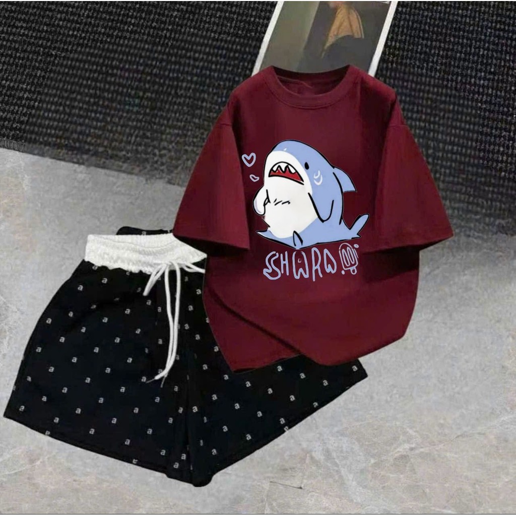 Sét đồ quần đùi cộc + kết hợp áo phông form rộng unisex nam nữ  thời thượng cá mập