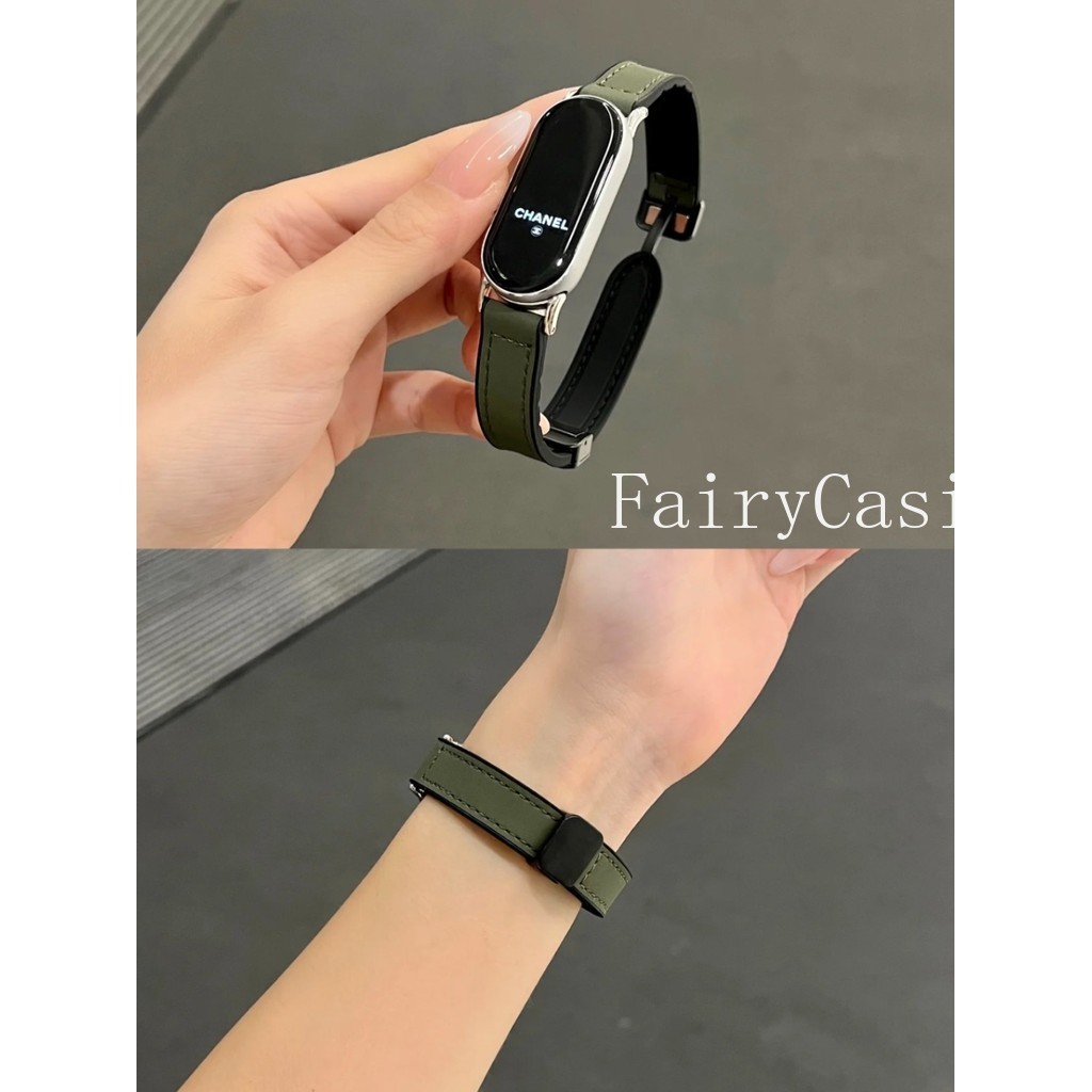 Dây đeo đồng hồ bằng da + silicon cho Xiao mi Band 10 8 9 NFC Dây đeo từ tính cho mi 7 6 5 4 3 Phụ kiện dây đeo cổ tay