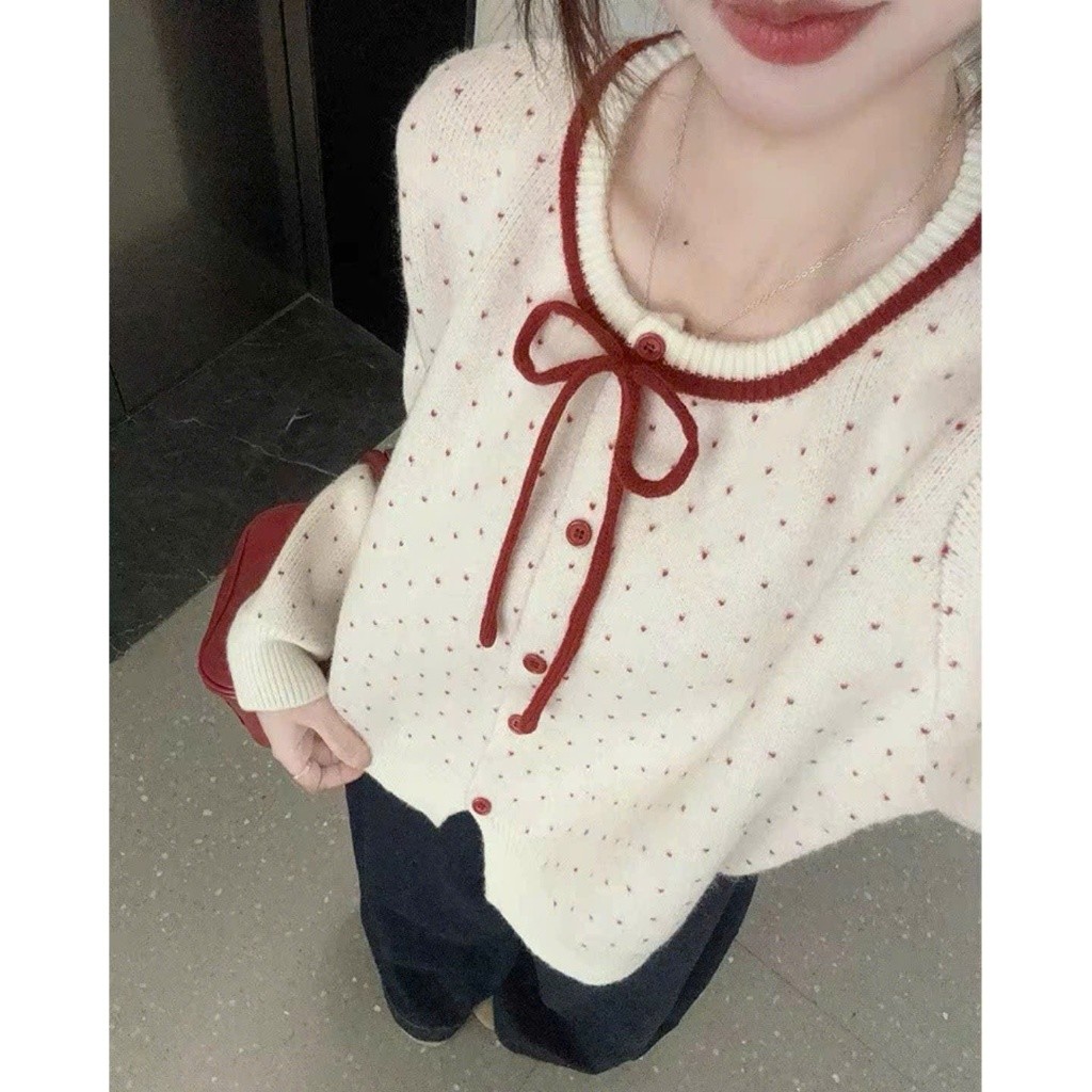 (HÀNG QC LOẠI 1) Áo khoác Cardigan len chấm bi phối nơ phong cách tiểu thư hàng QCCC XIMIMI SP386