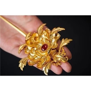 Kẹp tóc hoa mẫu đơn mạ vàng với đá tourmaline, phụ kiện hoàn hảo cho trang phục Hanfu