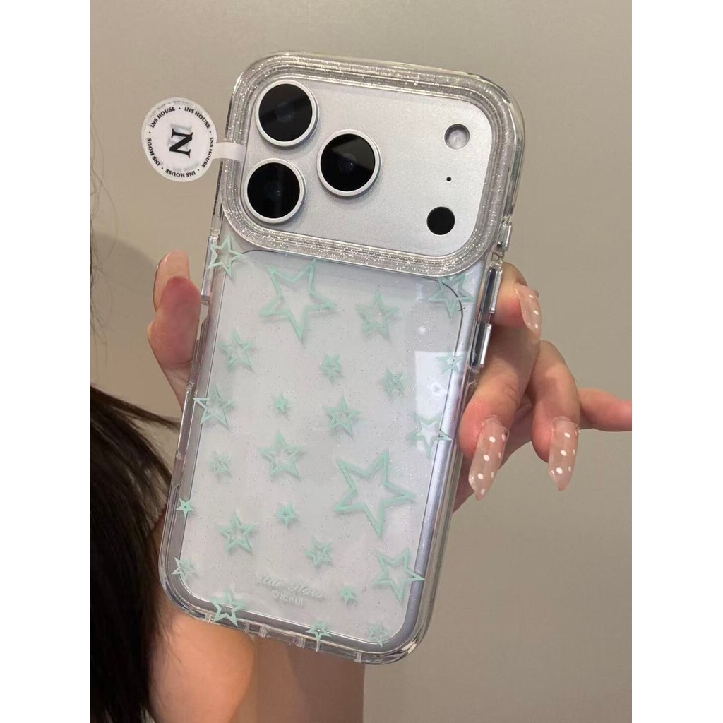 Trong Suốt Trong Suốt Đáy Ngôi Sao Tình Yêu Ốp Lưng Điện Thoại Thích Hợp Cho iphone17promax Phong Cách Hàn Quốc Thích Hợp Cho iPhone16pro Vỏ Bảo Vệ Điện Thoại Bạc Hà Xanh Toàn Màn Hình Kim Cương Màu