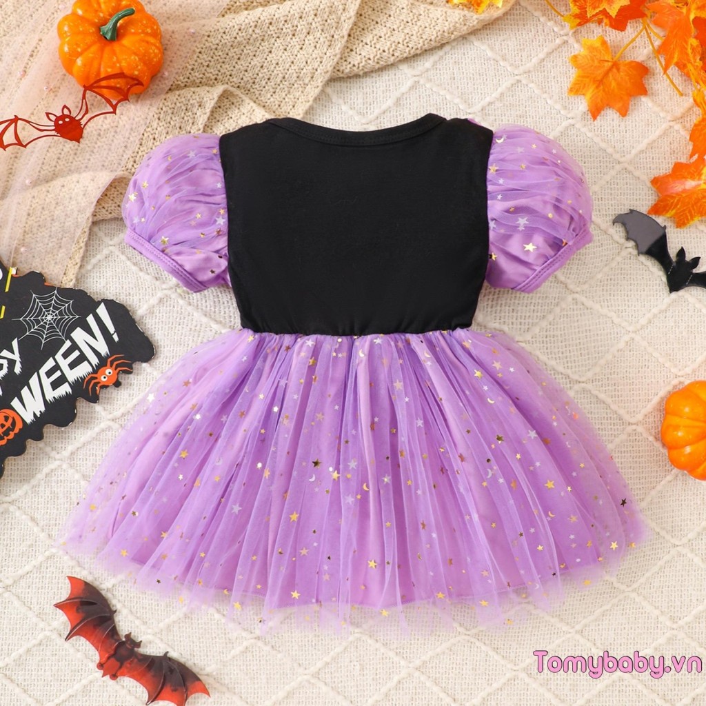 Bé Gái Halloween Một Dòng Đầm Ma In Chữ Ngắn Tay Phồng Tuyn Chắp Vá Váy