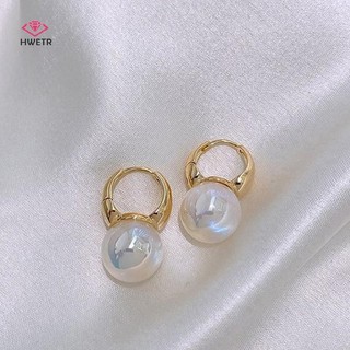 Vòng bông tai nữ màu vàng dày tròn với hạt ngọc trai, phong cách Hàn Quốc mới