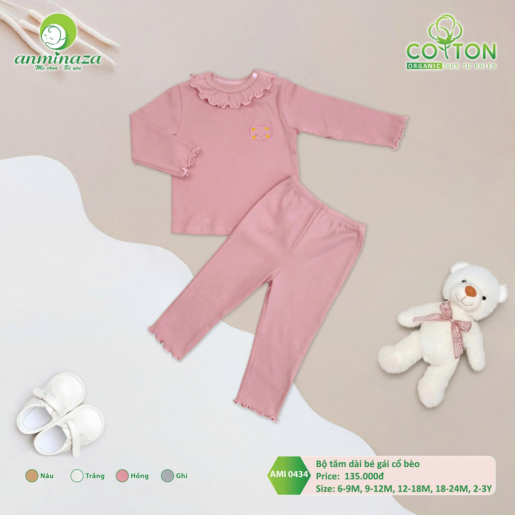Bộ Dài Tay Thu Đông Bé Gái Anminaza Vải Tăm Ấm Áp Cổ Bèo - Hàng Chính Hãng AMI0434