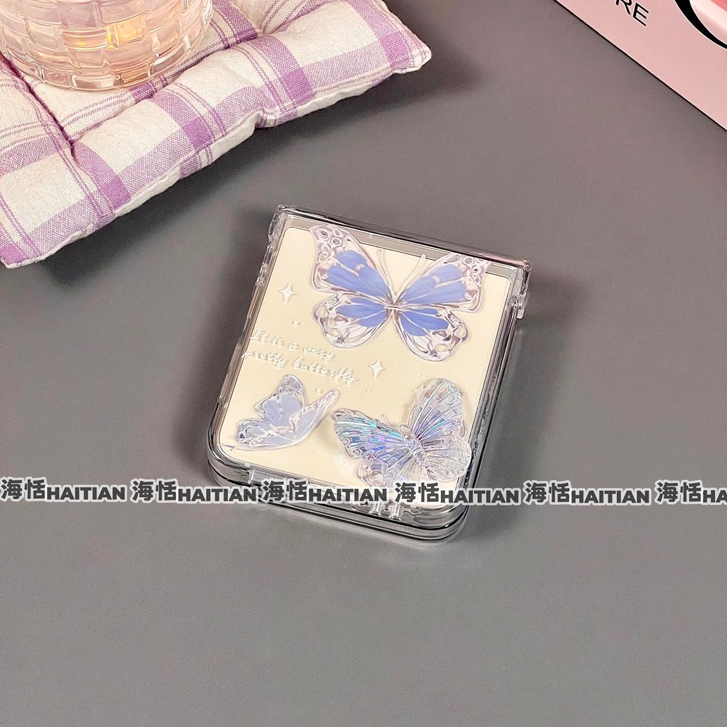 Ốp Điện Thoại Thích Hợp Cho Samsung Galaxy ZFlip7 Vòng Tay Bướm Xanh 3D Trong Suốt Cho ZFlip 7 6 5 4 3 5G Dây Có Thể Gập Lại Vỏ Bảo Vệ Cứng