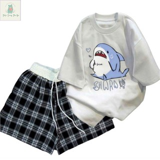 Bộ đồ quần đùi cộc và áo phông tay lỡ cotton su, thời trang thoải mái và phong cách-b