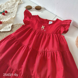 Váy Đỏ Tết Noel Thêu Thỏ Nấm Cho Bé Gái Chất Thô Lụa 8-26kg
