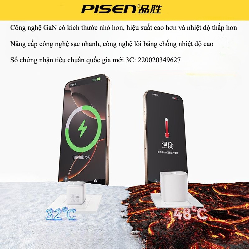 Bộ Sạc nhanh PISEN 30W GaN PD - Không nóng gắt củ - nhỏ gọn -  Tương thích nhiều dòng máy - Bảo hàng 6 tháng