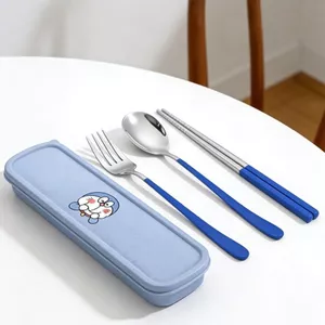 Hoạt Hình INS Sinh Viên Bộ Đồ Ăn Bằng Thép Không Gỉ Nĩa Đũa Bộ Thìa Hộp Bảo Quản Di Động Bộ Ba Mảnh 6.12