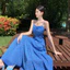 Váy dây đeo hoa màu xanh dành cho nữ có nơ, hở lưng, váy dài gợi cảm