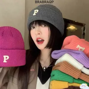 Mũ đan BRBRAA, Chữ P Sợi len Lông cừu Mũ dệt kim ấm áp, Thời trang mùa đông ấm áp Vòng bít đan len nam