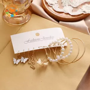 CANAMEK 5 Đôi Thời Trang Lớn Màu Bạc Tròn Vòng Tròn Ngọc Trai Vòng Bông Tai Cho Bé Gái Rắn Bướm Tòn Ten Bông Tai Bộ Trang Sức Nữ CSF