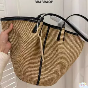 Túi tote BRAA, có viền tương phản Túi đeo vai dung tích lớn, Túi xách Tote đi biển dệt tay hợp thời trang có thể gập lại