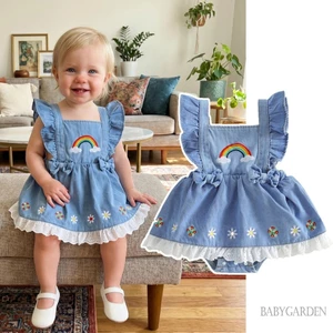 Trang phục mùa hè cho bé gái Váy Denim tay bay thêu hoa cầu vồng + Băng đô nơ