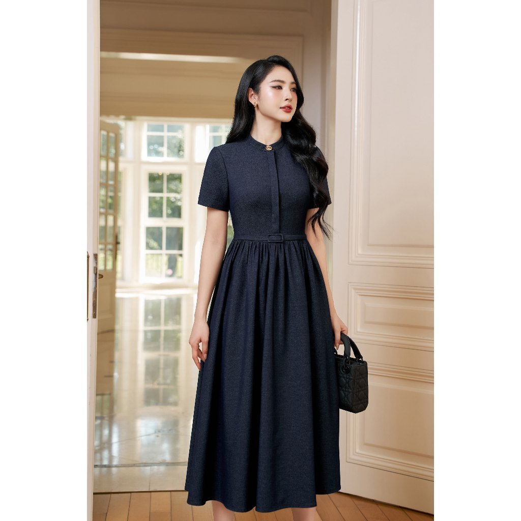 Đầm công sở nữ ELLA DORA dáng dài cổ trụ phối cúc đồng bọc đai eo thanh lịch màu XANH ĐẬM [D263]