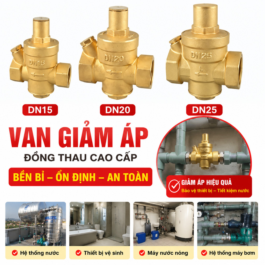 Van giảm áp nước đồng thau DN15 DN20 DN25 PN16 - van điều áp chỉnh áp lực ổn định, bền bỉ cho gia đình